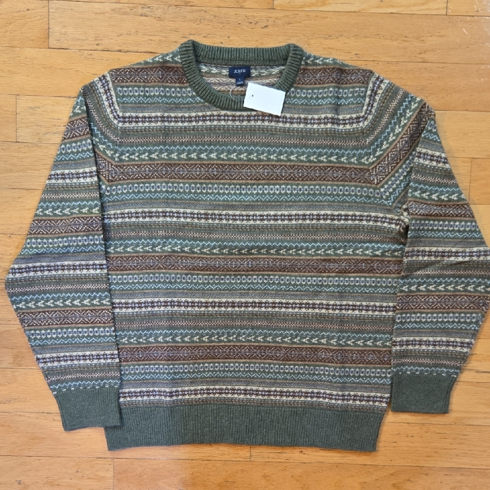 J. CREW Men's Fair Isle Crewneck Sweater Size L Rust Olive NWT